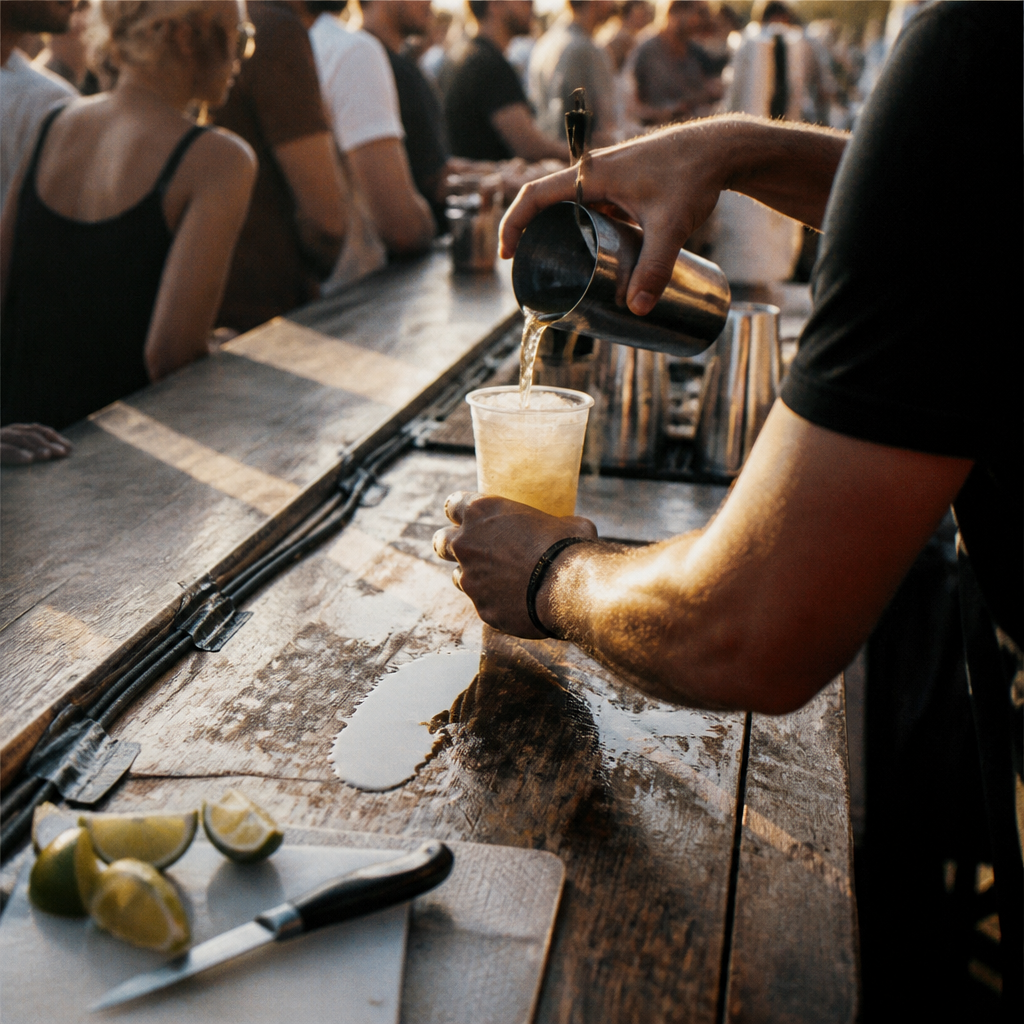 A bartender pouring a drink at a crowded counter, cut limes on the board