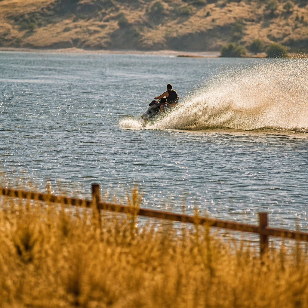 A jet ski carving a wake across open water past a reed bank