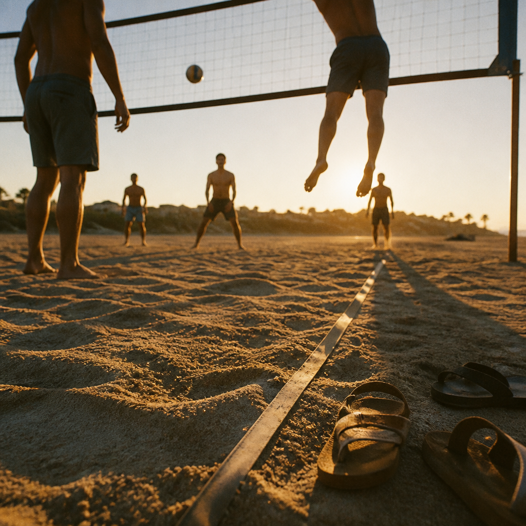 Players jumping at the net during a beach volleyball rally at sunset